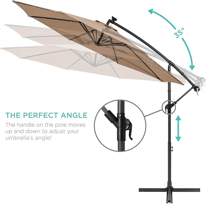 Best Choice Products 10ft Solar LED Offset Hanging Market Patio Umbrella for Backyard, Poolside, Lawn and Garden w/Easy Tilt Adjustment, Polyester Shade, 8 Ribs - Tan