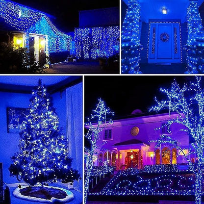 YEGUO 4 Pack Blue Solar Fairy Lights, Each 33ft 100 LED Christmas Lights Outdoor Waterproof, 8 Modes Sliver Wire Solar String Lights