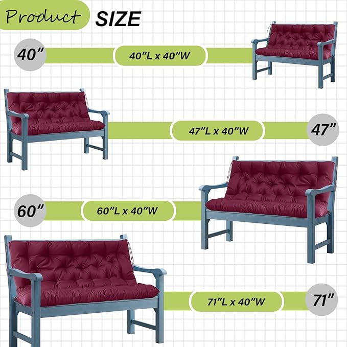 Swing Replacement Cushions with Backrest, 2 or 3 Seater Waterproof Non-Slip Overstuffed Swing Pad, Indoor/Outdoor Bench Cushion for Porch Chair Garden Furniture (Claret, 40 * 71 in)