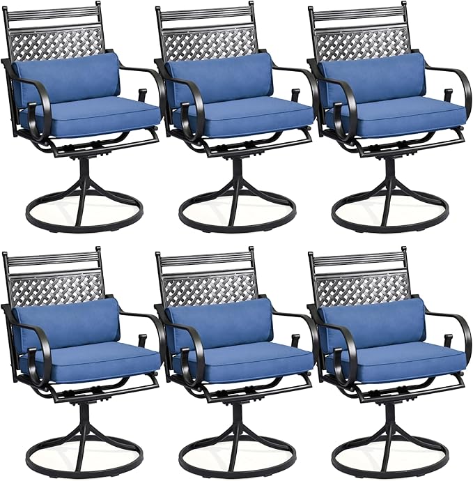 MELLCOM Patio Swivel Chair Set of 6, Heavy Duty Outdoor Dining Chairs with Cushions and Lumbar Pillows, Metal Patio Chairs Gentle Rocker for Outside, Garden Lawn & Porch, Backyard, Blue