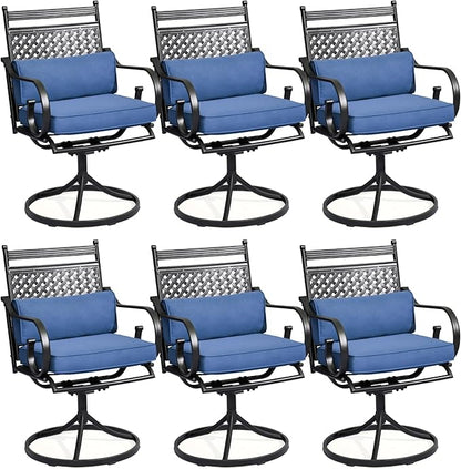 MELLCOM Patio Swivel Chair Set of 6, Heavy Duty Outdoor Dining Chairs with Cushions and Lumbar Pillows, Metal Patio Chairs Gentle Rocker for Outside, Garden Lawn & Porch, Backyard, Blue