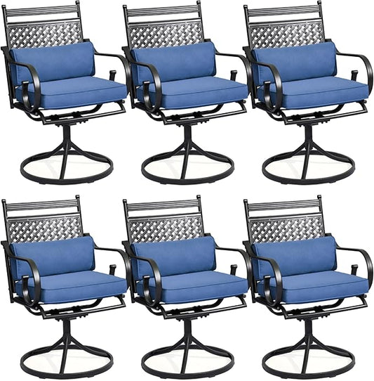 MELLCOM Patio Swivel Chair Set of 6, Heavy Duty Outdoor Dining Chairs with Cushions and Lumbar Pillows, Metal Patio Chairs Gentle Rocker for Outside, Garden Lawn & Porch, Backyard, Blue