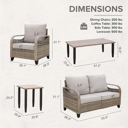 COOS BAY Modern Wicker Outdoor Furniture Set, Patio Conversation Set with Patio Chairs, 2 Seat Loveseat, Coffee Table and Side Table, 5 Piece, Brown/Gray