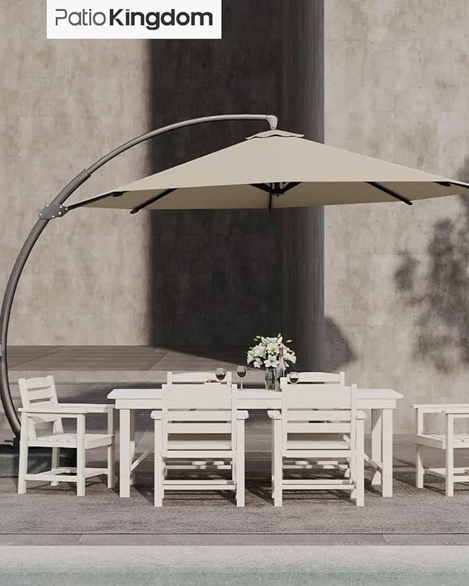 7-Piece White HDPE Patio Table and Chairs Set, Weather Resistant Outdoor HDPE Dining Table Sets with Umbrella Hole for Lawn, Garden, Deck, Poolside, Balcony
