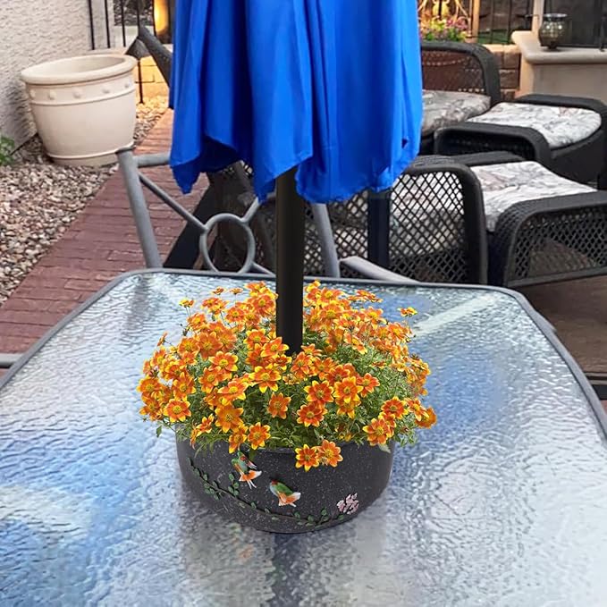 Patio Umbrella Planter 2 pcs Wrap Around Umbrella Planter with Umbrella Hole Half Round Flower Pot Black Outdoors with Drainage Holes（11.41 * 11.41 * 4.72inch） On Patio Table