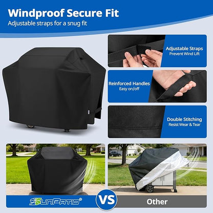 SunPatio BBQ Grill Cover 70 Inch, Outdoor Heavy Duty Waterproof Barbecue Gas Grill Cover, Fade Resistant, All Weather Protection Compatible for Weber Charbroil Kenmore Brinkmann and More, Black