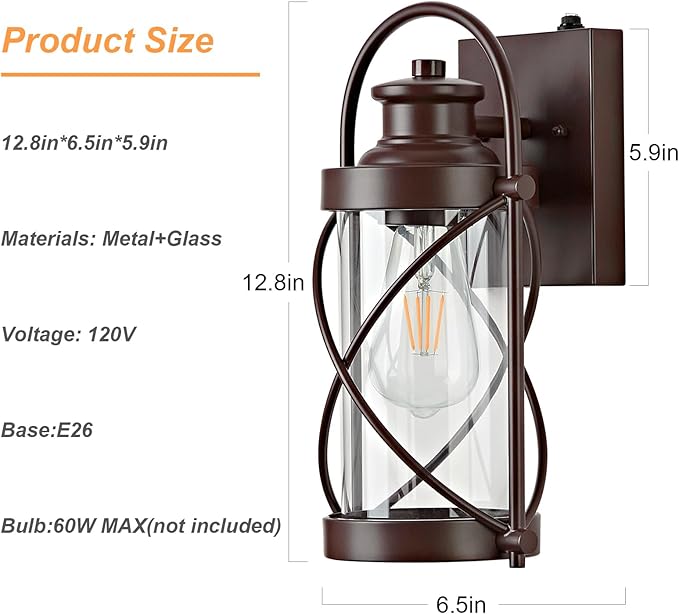 Dusk to Dawn Outdoor Wall Lights Fixtures, Waterproof Exterior Lighting Fixtures with Photocell Sensor,Vintage Coffee-Bronze Metal Cage Lantern Outside Lights for Porch Patio House Garage（2 Pack）