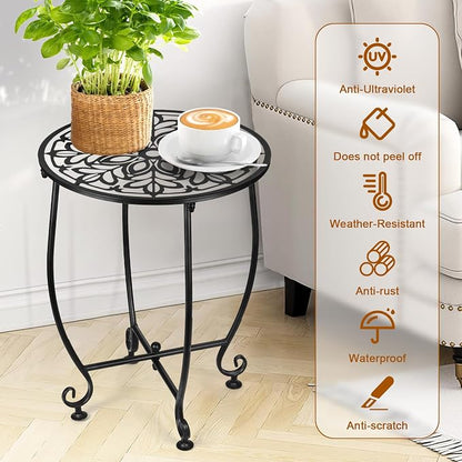 14 Inch Outdoor Metal Side Table, Patio Side Table Weather Resistant Metal Side Table, Small Round Outdoor End Table Plant Stands Table Outside for Patio Yard Balcony Garden Black (Color5-Leaf)