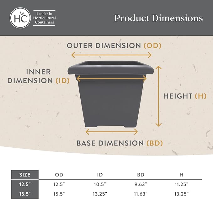 The HC Companies 15.5 Inch Accent Square Plant Pots with Drainage, Lightweight UV-Resistant Plastic Planters for Indoor & Outdoor Plants, 2-Pack Flower Pots for Garden, Office & Home Decor, Chocolate