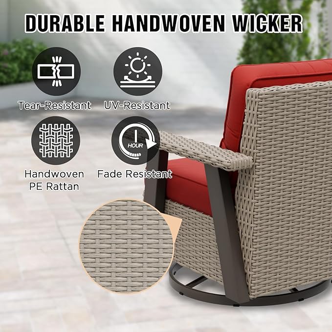 EAGLE PEAK Classic Wicker Patio Bistro Set of 2, Outdoor Patio Furniture with 360° Swivel Rocker Chair and Side Table, Lounge Set for Porch, Deck, or Balcony, Beige/Red