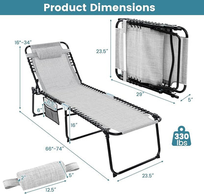 Goplus Chaise Lounge Chair Outdoor, Folding 5-Postion Beach Lounger with Detachable Pillow, Side Pocket, Sunbathing Lounge Chair, Adjustable Tanning Chair for Patio Lawn Pool Yard