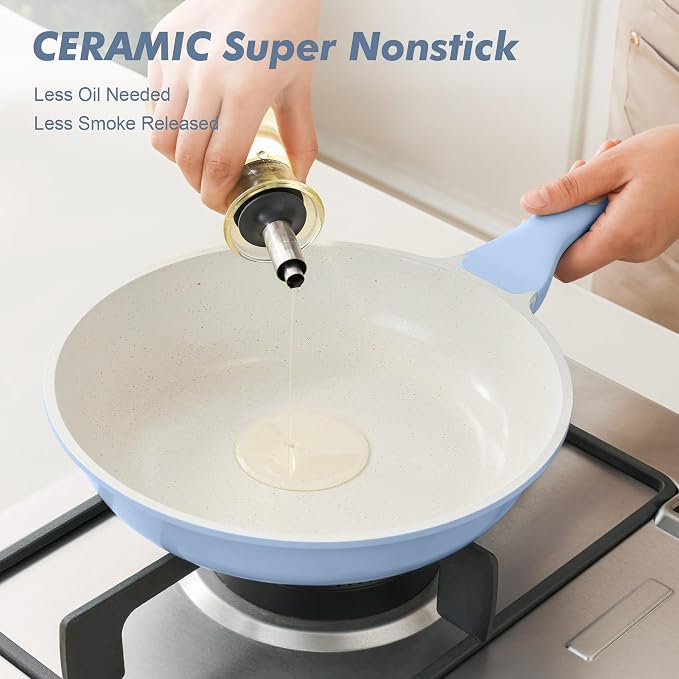 SENSARTE Nonstick Ceramic Frying Pan with Lid 12.5 Inch Cooking Pan Skillet, Free of Intentionally Added PFAS/PTFE Non-toxic Chef's Pan Induction Compatible Pan, Heat Resistant Handle, Glacier Blue