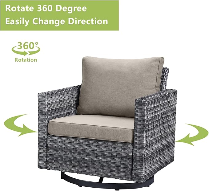 Wicker Outdoor Patio Furniture Set - 6 Piece Patio Conversation Set with 2 Swivel Rocker Chairs,2 Rattan Ottoman,1 Couch and 1 Metal Coffee Table for Outside Porch Deck Backyard(Mixed Grey/Grey)