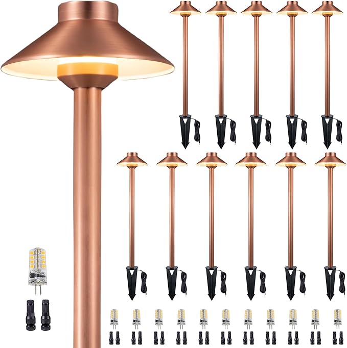Gardenreet Low Voltage Landscape Sidewalk Lighting, Solid Brass Pathlights, LED Driveway Warm Light Waterproof, Hat Shaped 12V Wired Copper for Walkway Garden with 3W 270LM 3000K G4 Bulb (12 Pack)
