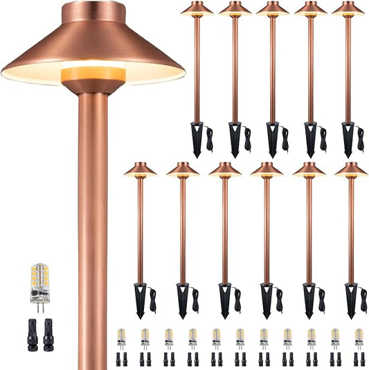 Gardenreet Low Voltage Landscape Sidewalk Lighting, Solid Brass Pathlights, LED Driveway Warm Light Waterproof, Hat Shaped 12V Wired Copper for Walkway Garden with 3W 270LM 3000K G4 Bulb (12 Pack)