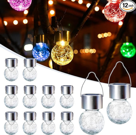 GIGALUMI Solar Lights Outdoor Waterproof, 12 Pack Solar Hanging Lights Garden Decor, Gifts for Women, Solar Outdoor Lantern Waterproof Cracked Glass for Yard, Fence, Tree(Color Changing)