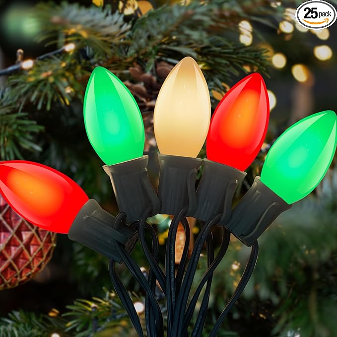 C9 Red Green White Christmas Lights, 25FT Multicolor Christmas Decorations String Lights with 26 Ceramics Bulbs, Connectable Vintage Xmas Tree Decor for Indoor Home Outdoor Patio Holiday Party Garden