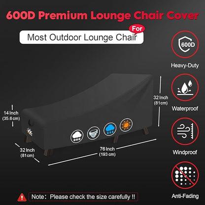 Zettum Outdoor Lounge Chair Cover - Waterproof Patio Chaise Lounge Chair Cover, 600D Heavy Duty Fade-Resistant Outdoor Seating Covers for Pool Lounge Chair, Lawn Bench Furniture 76 x 32 x 32 Inch