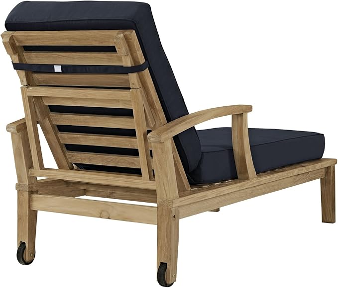 Modway Marina Premium Grade A Teak Wood Outdoor Patio Chaise Lounge Chair in Natural Navy