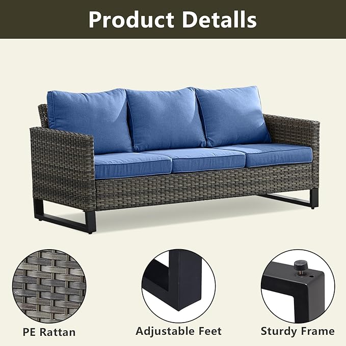 Rilyson Wicker Outdoor Patio Furniture Set - 5 Piece Patio Conversation Set with 2 Wicker Armrest Chairs,2 Rattan Ottoman and 1 Couch for Outside Porch Deck Backyard Garden(Mixed Grey/Blue)