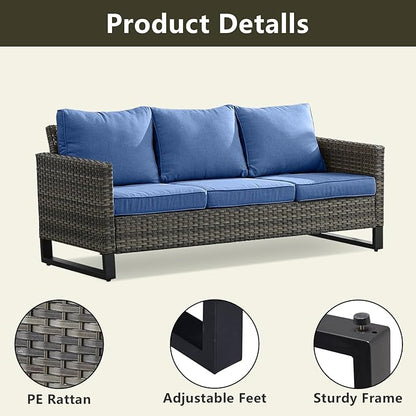 Rilyson Wicker Outdoor Patio Furniture Set - 5 Piece Patio Conversation Set with 2 Wicker Armrest Chairs,2 Rattan Ottoman and 1 Couch for Outside Porch Deck Backyard Garden(Mixed Grey/Blue)