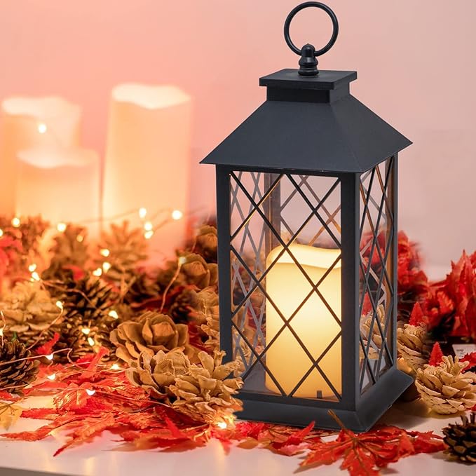 YAKii 13" Decorative Candle Lantern with LED Flameless Candle and Timer, Plastic LED Candle & Holder, Indoor & Outdoor Hanging Lights Thanksgiving &Christmas Day Decorations (Black 2 PCS)