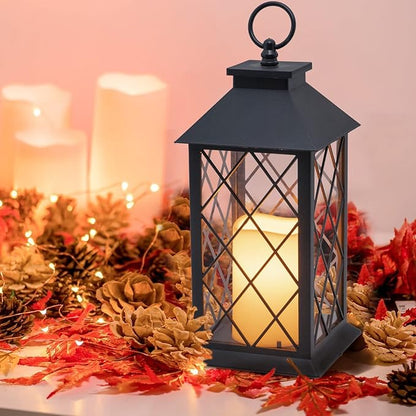 YAKii 13" Decorative Candle Lantern with LED Flameless Candle and Timer, Plastic LED Candle & Holder, Indoor & Outdoor Hanging Lights Thanksgiving &Christmas Day Decorations (Black 2 PCS)