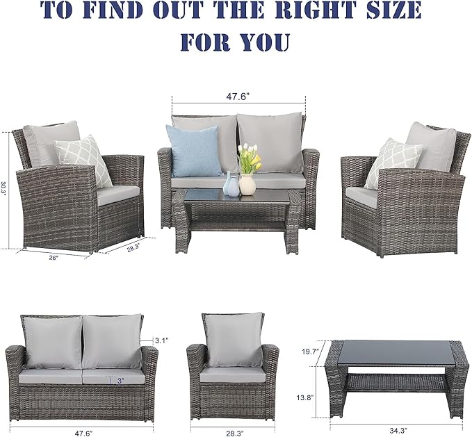 Wisteria Lane 4 Piece Patio Furniture Set, Wicker Outdoor Patio Conversation Furniture Set, All Weather Outdoor Patio Sofa with Cushion and Glass Table, Grey