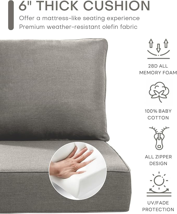 Luxury 24x24x6 Inch Outdoor Chair Cushions Set of 4 - Heavy Duty Water-Resistant Comfortable Cushion for Patio Furniture Set Dining Gliding Rocking Chairs Loveseat L-Shape Sofa - Grey