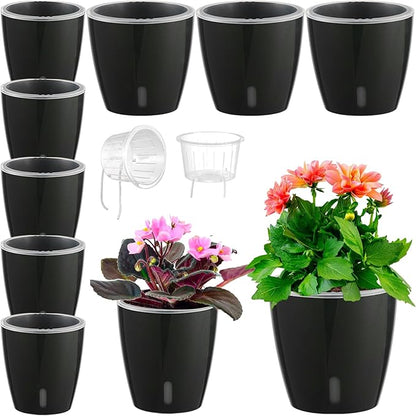 Self-Watering Pots for Indoor Plants, 8-Pack Self Watering Planter with Drainage Holes, Small African Violet Pots with Water Indicator, 5-Pack 5''/3-Pack 6.7'' Orchid Pot, Black