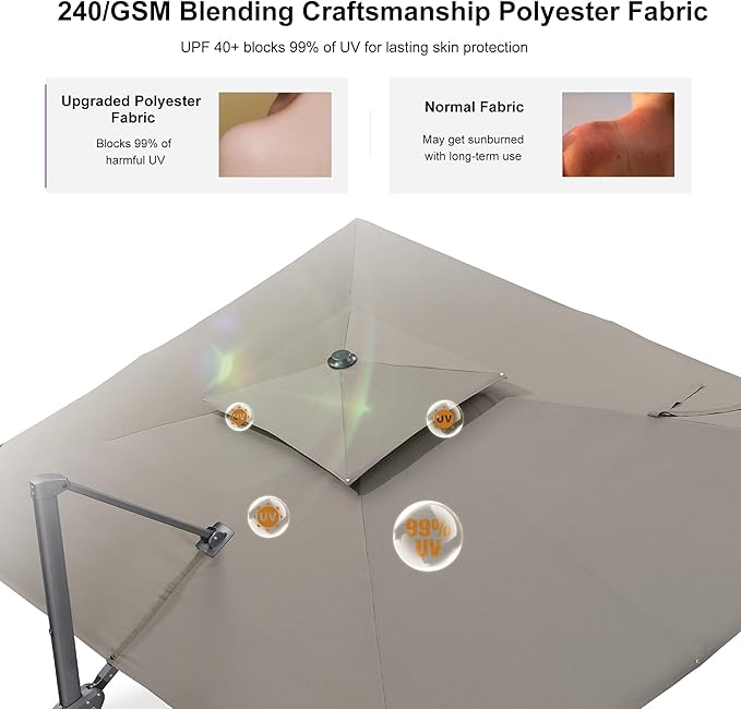 PURPLE LEAF Cantilever Patio Umbrella Outdoor Aluminum Offset Square Umbrella Windproof Heavy Duty Hanging Outside Umbrella for Deck Pool Garden
