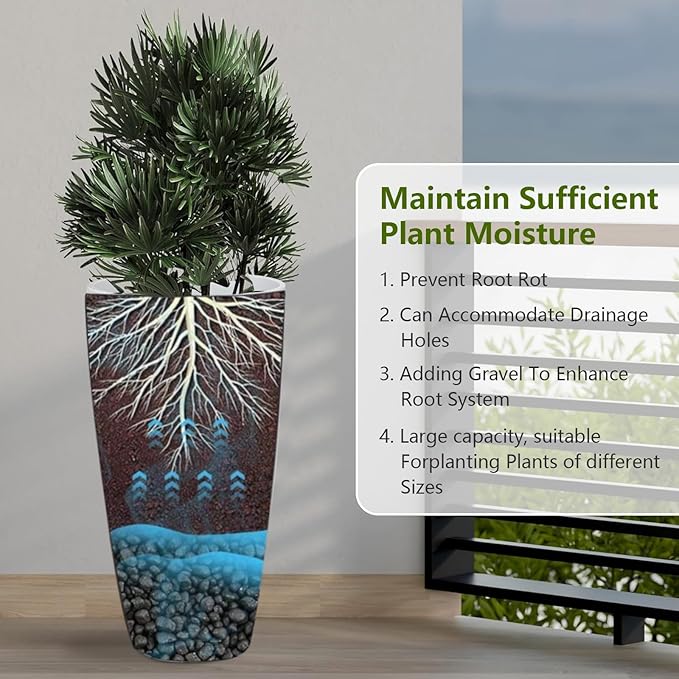 Set of 2 Large 21" Tall Planters for Indoor Outdoor, Heavy-Duty Resin with Drainage Holes & Unique Textured Design, Perfect for Porch, Patio, Backyard Home Decor, White