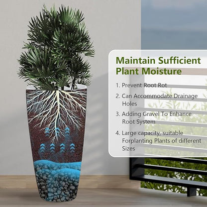 Set of 2 Large 21" Tall Planters for Indoor Outdoor, Heavy-Duty Resin with Drainage Holes & Unique Textured Design, Perfect for Porch, Patio, Backyard Home Decor, White