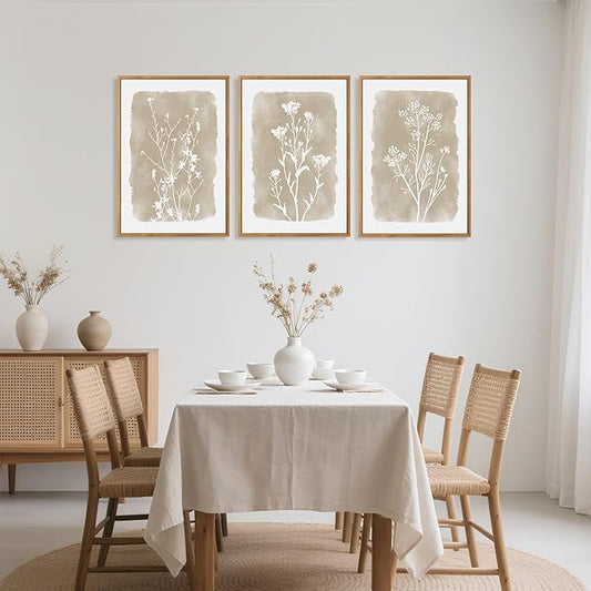 CHDITB Neutral Botanical Wall Art Set of 3, 24"x36" Large Framed Boho Farmhouse Flower Wall Decor, Modern Minimalist Floral Wall Painting, Begie Wildflower Canvas Art Prints for Living Room, Bedroom