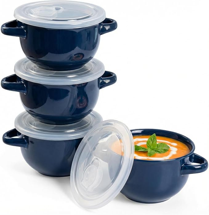 KooK French Onion Soup Bowls, Crocks, Oven Safe Bowls, Soup Mugs, Ceramic Bowls, Dishwasher, Microwave, Set of 4, 18 oz (Blue)