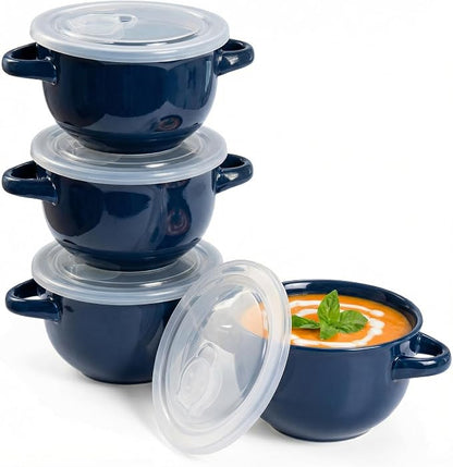 KooK French Onion Soup Bowls, Crocks, Oven Safe Bowls, Soup Mugs, Ceramic Bowls, Dishwasher, Microwave, Set of 4, 18 oz (Blue)
