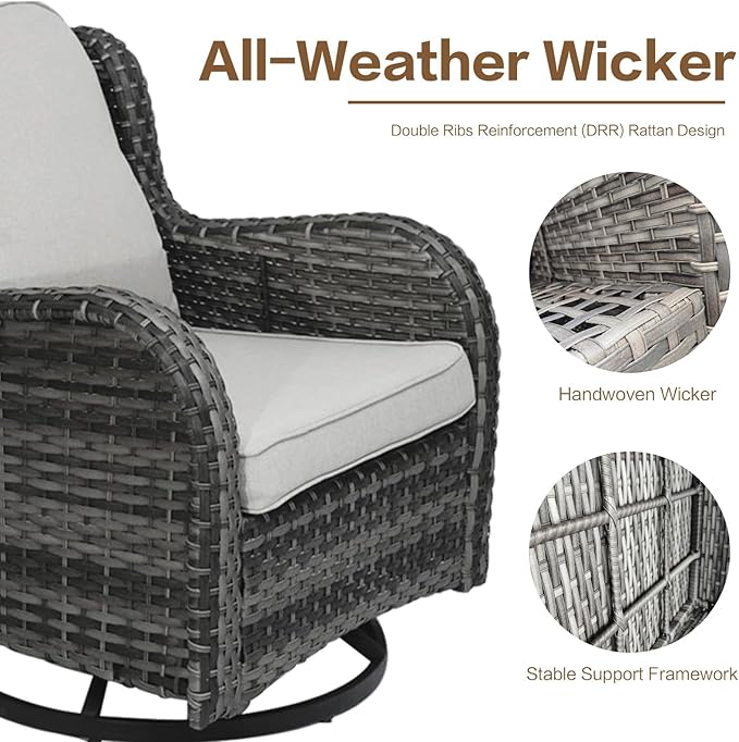 3 Pieces Patio Furniture Conversation Set PE Rattan Wicker Outdoor Swivel Glider Rocker Chairs of 2, Soft Thick Washable Cushion Side Coffee Table for Yard Backyard Deck Porch (Grey/Beige)