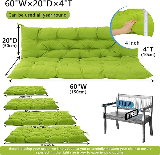 Outdoor Swing Cushions 3 Seater Waterproof, Replacement Bench Cushions for Outdoor Patio Furniture with Backrest, Porch Swing Cushion with Ties for Lawn and Garden (Grass Green, 40x60in)