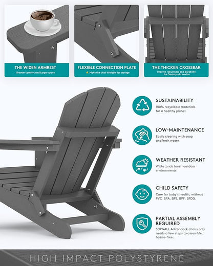 SERWALL Folding Adirondack Chair for Patio Garden Outdoors Fire Pit- (Folding Gray)
