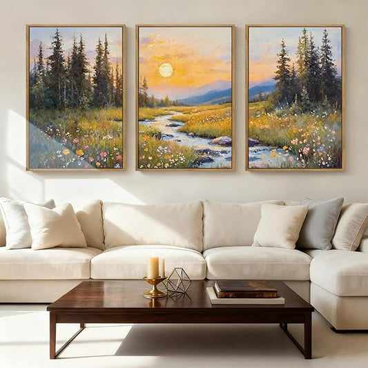 IARTTOP Extra Large Mountain Landscape Wall Art Framed 24x36 Inch Abstract Forest Canvas Wall Decor Sunset Nature Scenery Artwork for Living Room Bedroom Set of 3