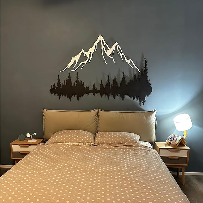 Wita Home Mountain and Forest Metal Wall Art, Wall Mounted Home Decor, Pine Trees and Nature Wall Art for Living Room, Bedroom or Office, Large Outdoor Wall Decor, Nature Christmas Decor (White Mountain-Black Forest, 56x37 inches)