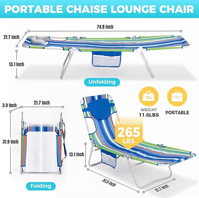 #WEJOY Folding Tanning Chair with Face Hole, 5 Positions Face Down Beach Lounge Chairs with Pillow for Outside Sunbathing Poolside (Blue/Green)