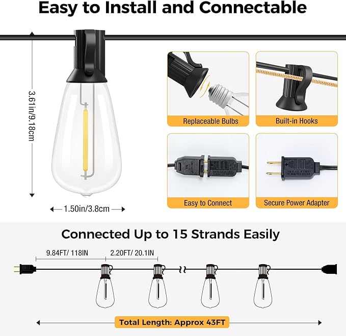 litogo 42FT Outdoor String Lights, LED Patio Lights Waterproof with 15+1 ST38 Edison Bulbs Shatterproof,2700K Warm White Hanging Outside Lights for Backyard Deck Party Garden Bistro Tent