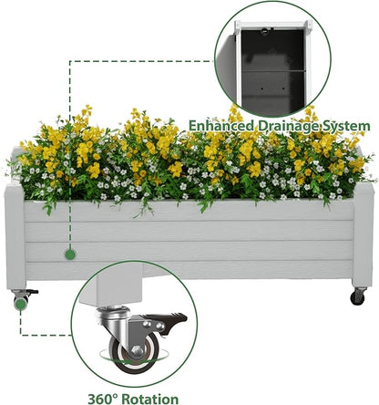 Raised Garden Bed with Wheels Outdoor, Resin Planter Box with Drain Hole and Water Level Detector for Backyard, Patio, Balcony(White)