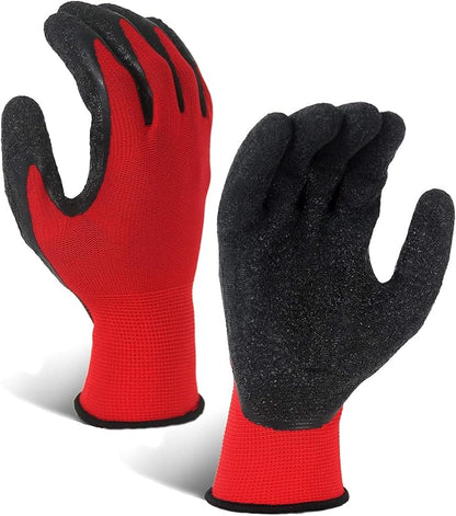 Evridwear Crinkle Latex Rubber Hand Coated Safety Work Gloves for Men Women General Multi Use Construction Warehouse Gardening Assembly Landscaping,Red Large 12 Pairs Pack