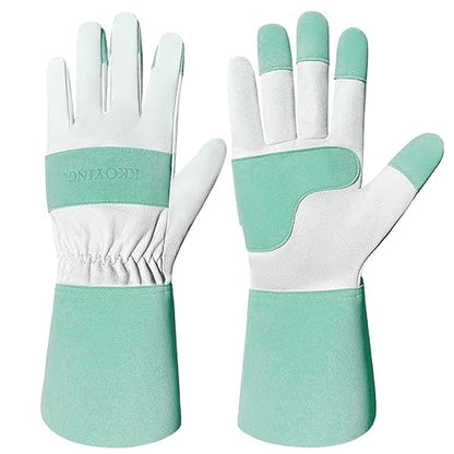 Gardening Gloves, Long Thorn Proof Garden Gloves for Women and Men, Goatskin Breathable Leather Work Gloves for Gardening, Pruning, Yard Work, Turquoise, M