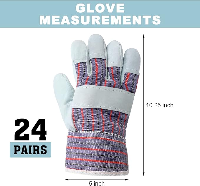 Jiuguva 24 Pairs of Work Gloves Cotton Leather Gloves Safety Cuff Gardening Work Hands with Heavy Duty Reinforced Palms Gardening for Men Women, Red and Blue