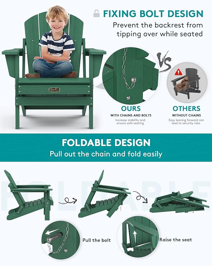 SERWALL Folding Adirondack Chair Outdoor Adirondack Chairs Weather Resistant Patio Chair Weather Resistant for Patio Deck Garden, Backyard Deck, Fire Pit - Green
