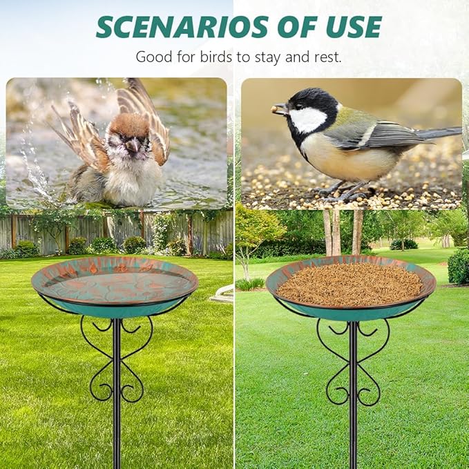 Metal Outdoor Bird Bath,Standing BirdBath & Bird Feeder with Stake Cast Iron Bird Baths Bowl for Outside Garden Patio Yard Lawn Decor