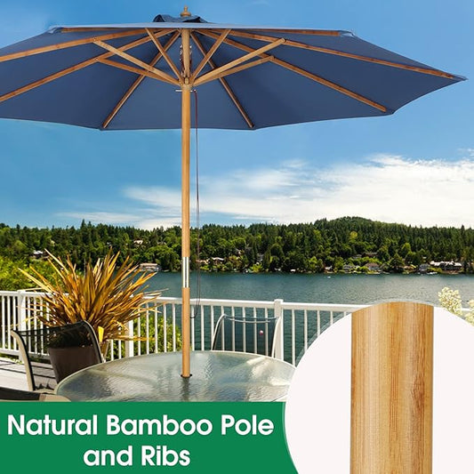 9ft Bamboo Umbrella, Outdoor Patio Umbrella, Waterproof Market Umbrella, 8 Ribs Table Umbrella with Pulley Lift for Garden, Deck, Pool, lawn, Backyard